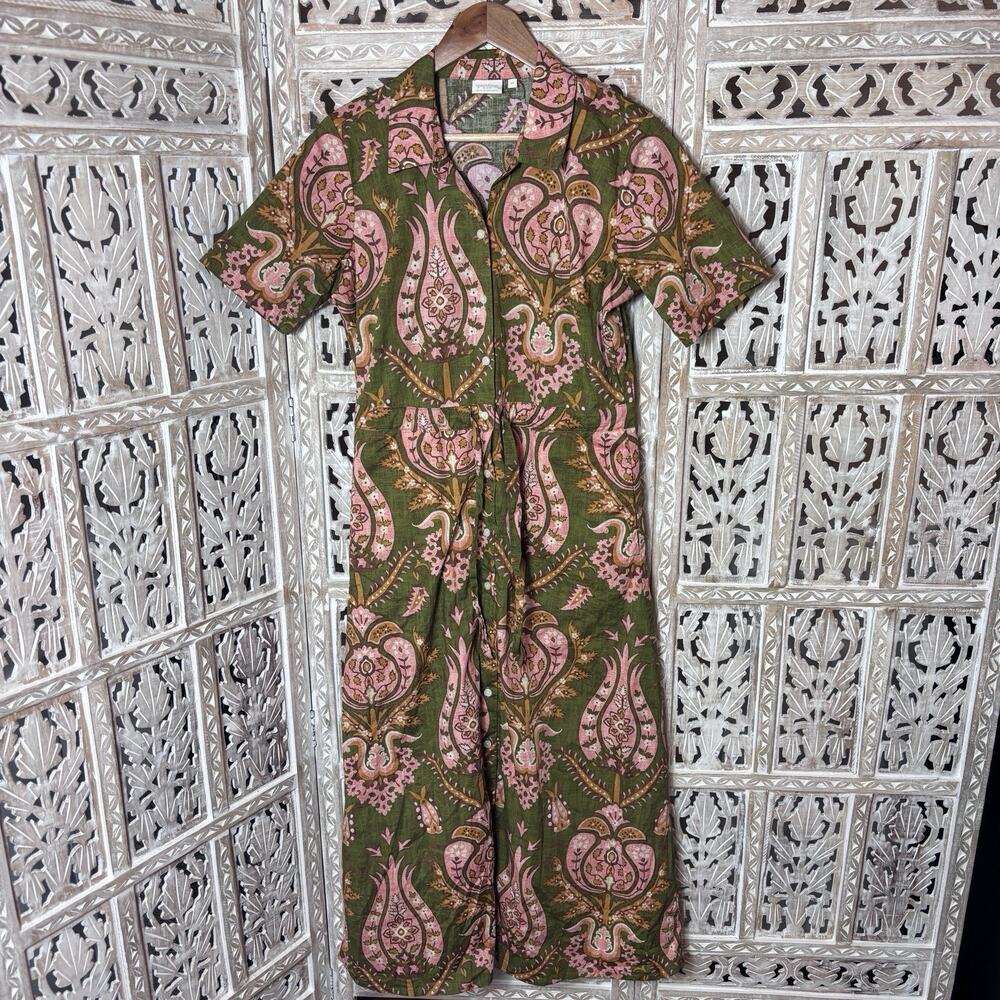 Spartina 449 Sz M Allison Full Button Front Mercer House Damask MIDI Dress Olive